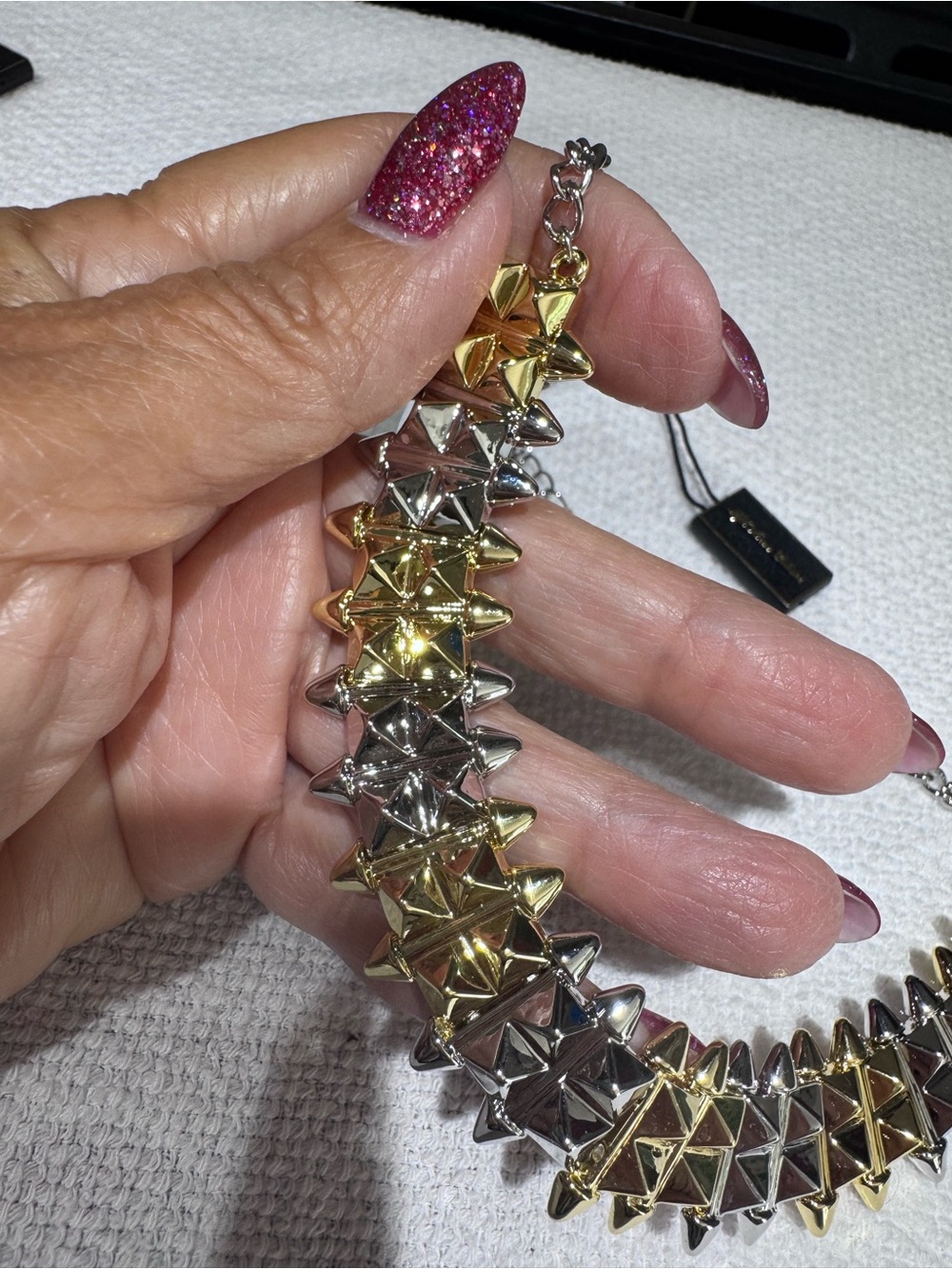Two-Tone Pyramid Statement Necklace plus Rhodium Genuine Leather - 18” NWT